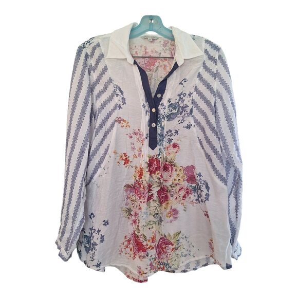 John Mark Tunic Blouse Top Mixed Print Floral Stripes Roll Tab Sleeves size M - Picture 1 of 13